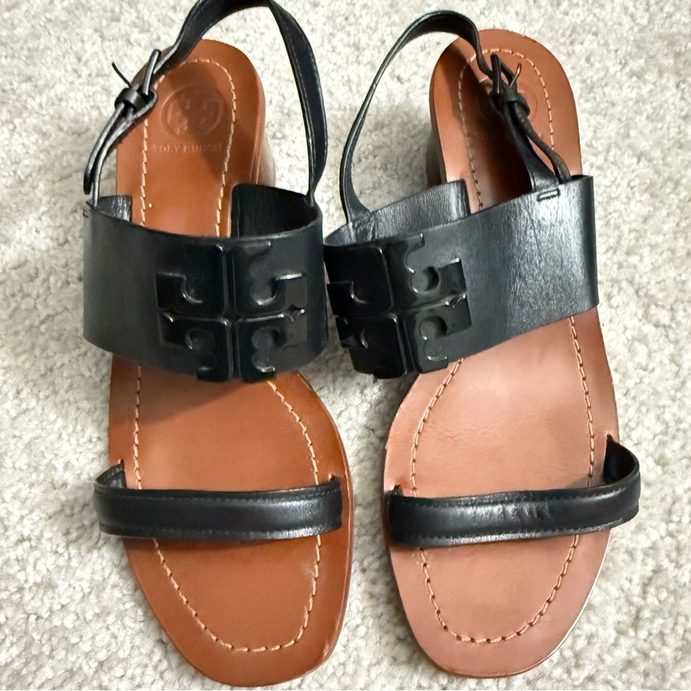 Tory Burch Black Lowell Napa Leather Block Heels Black Sz 7 Sandals. Excellent - Picture 4 of 14